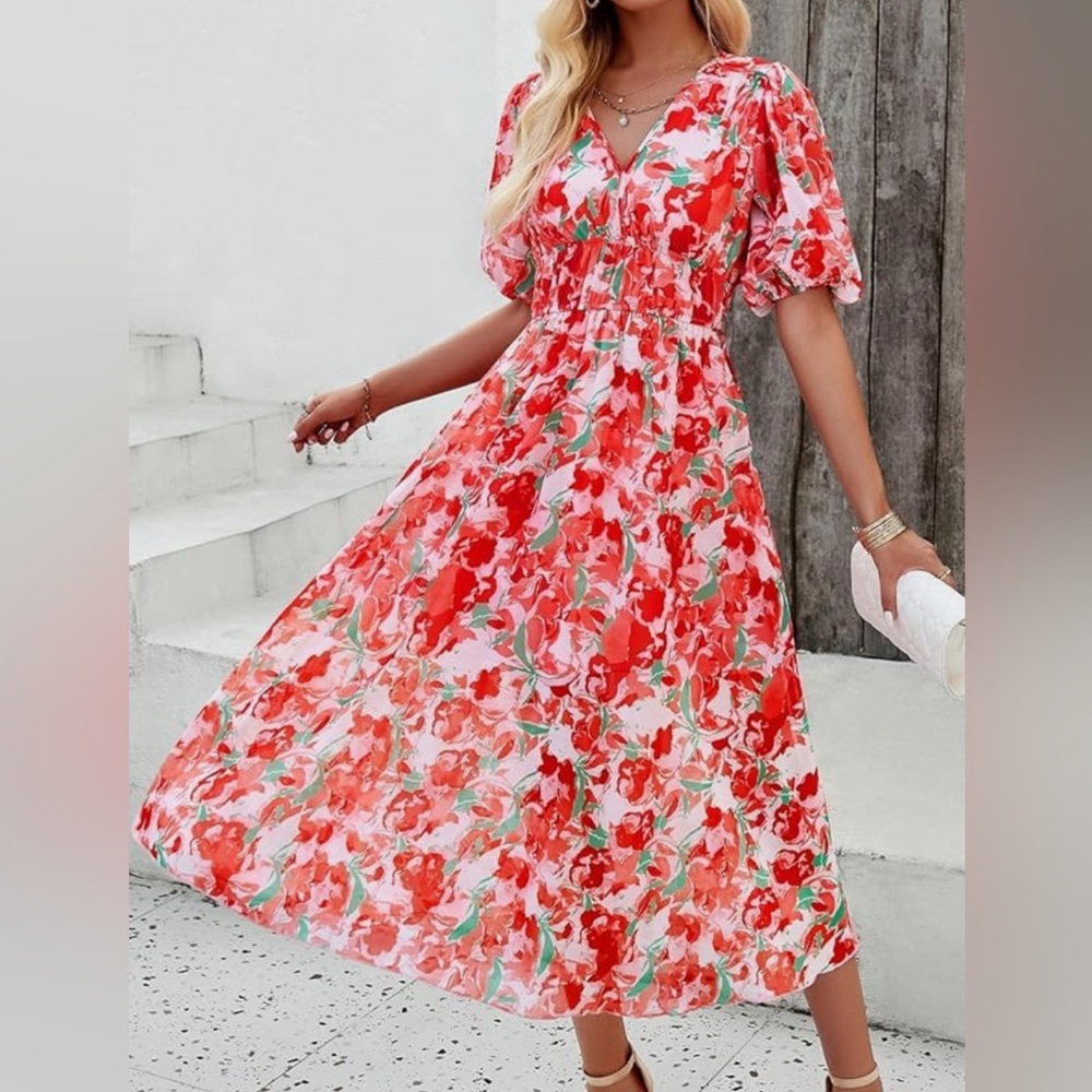 NWOT. UEAL Floral Flowy Wrap Midi Dress
